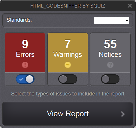 example report overview from HTML Codesniffer