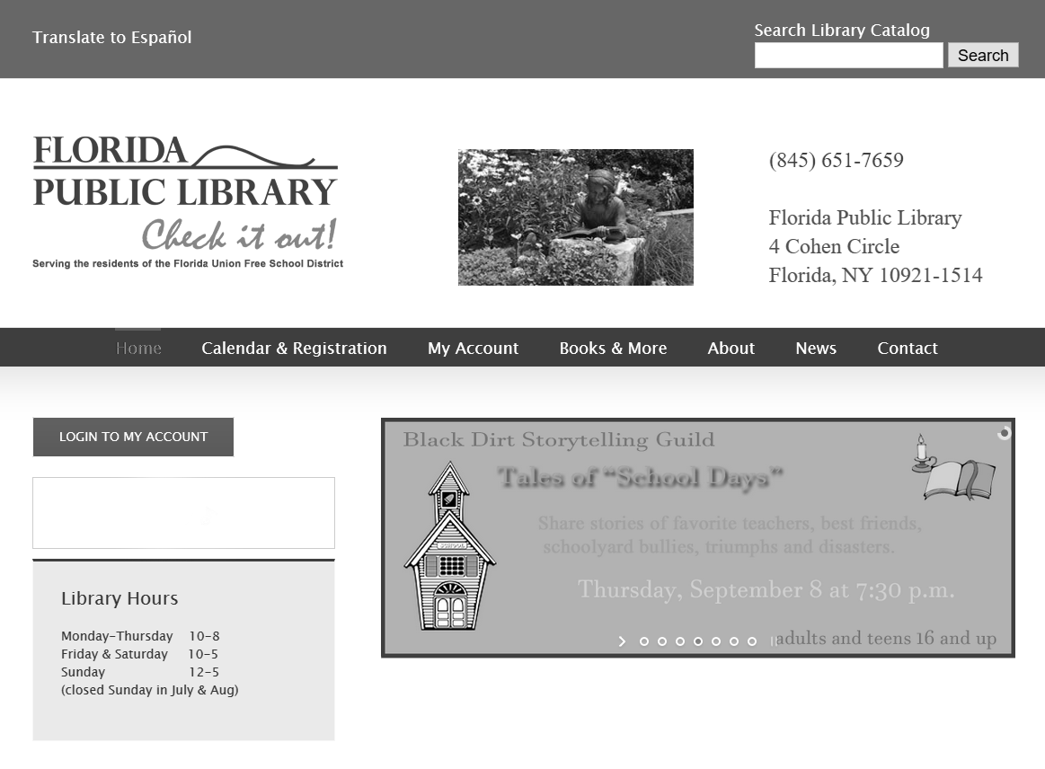 Florida Public Library website in greyscale