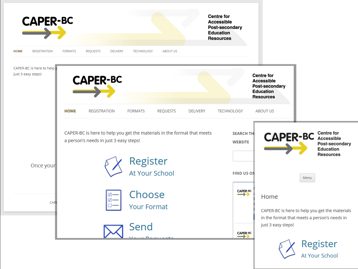 screenshots of CAPER-BC website at different view size